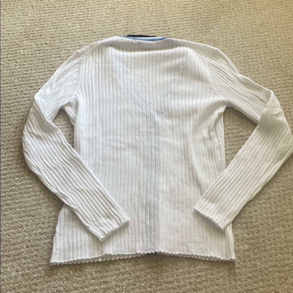 J. McLaughlin White Ribbed Cardigan with Navy and Blue Trim - Picture 5 of 5